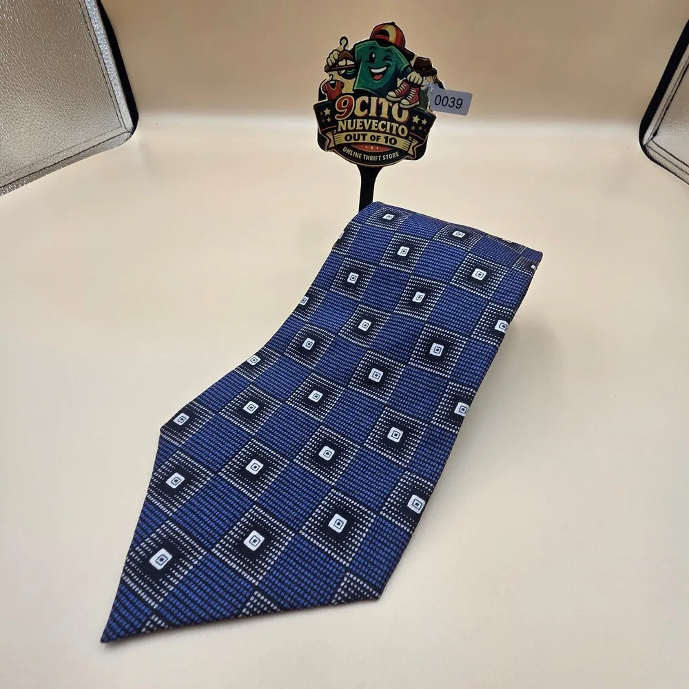 Paco Rabanne Mens Silk Necktie Blue Black Geometric Square Pattern Made in USA